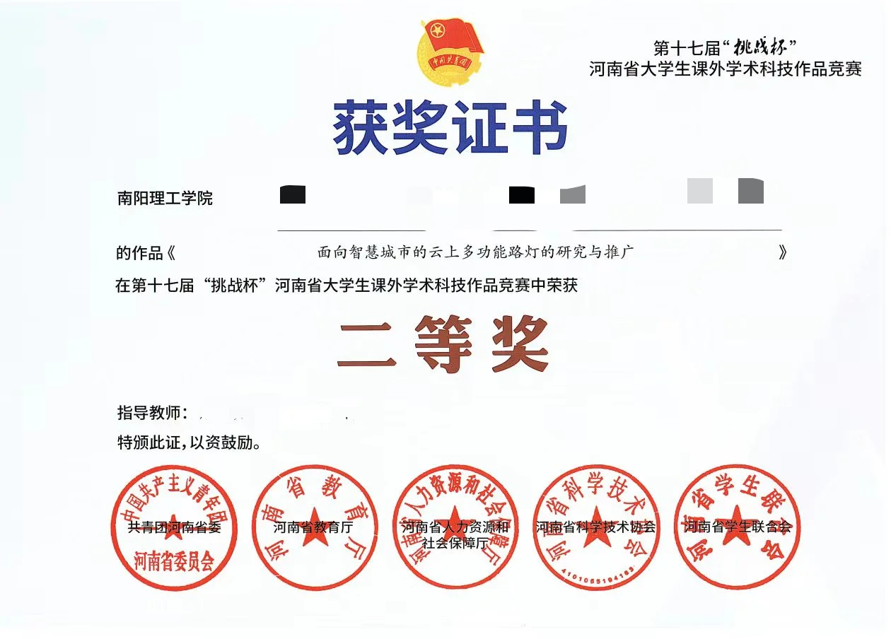 2025 年 挑战杯河南省大学生课外学术科技作品竞赛 二等奖 证书